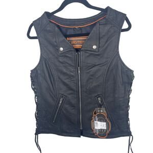 Biker Motorcycle Vest Womens Sz Med Soft Black Leather Zip Side Laces NWT Pocket